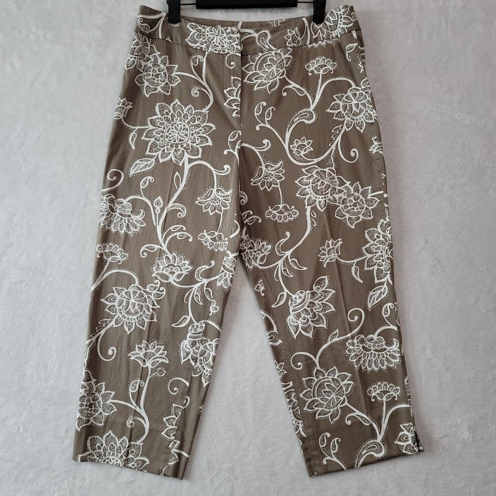 TALBOTS Womens Stretch Cotton Capri Pants Brown Floral Size 12 RN#73058 USA
